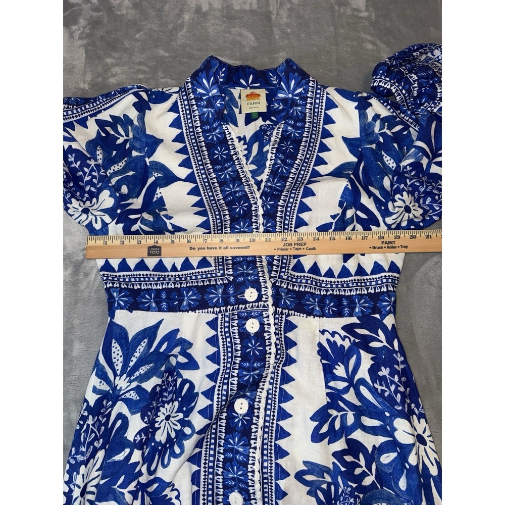 Farm Rio Flora Tapestry Blue White Linen-Blend Maxi Dress Size L Ballon Sleeve - Picture 9 of 16